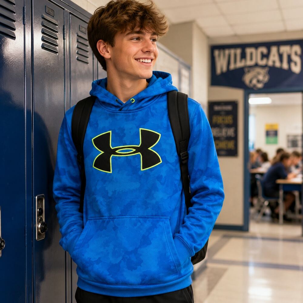 Under Armour Boys Blue Camo Hoodie Youth Pullover Sweatshirt Neon Logo Blue